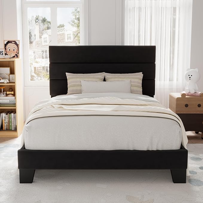 Allewie Twin Size Platform Bed Frame with Velvet Upholstered Headboard and Wooden Slats Support, Fully Upholstered Mattress Foundation/No Box Spring Needed/Easy Assembly, Black