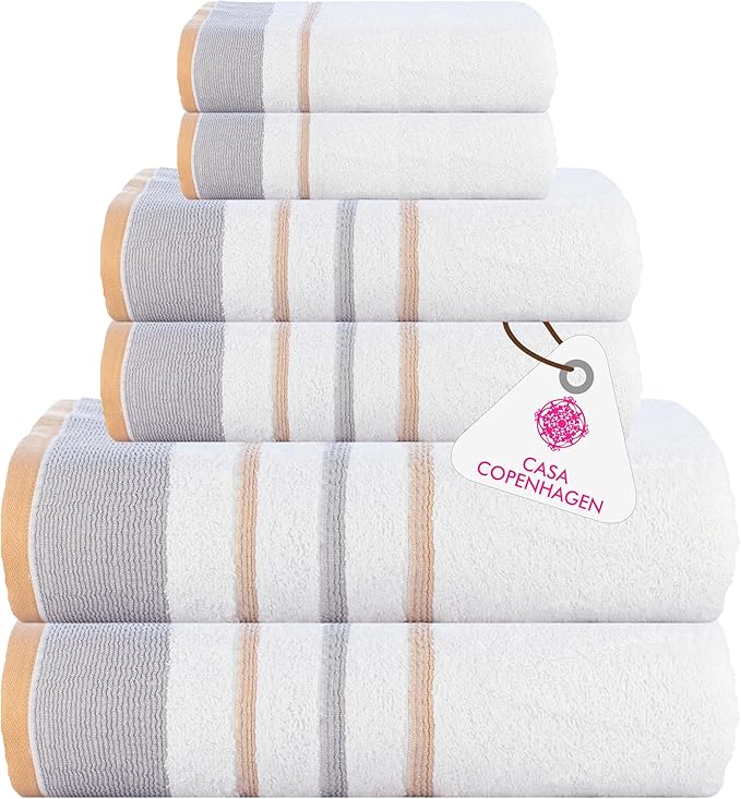 CASA COPENHAGEN White Bay, 6 Pieces Towel Set- White with Beige and Grey Border, 600 GSM, 2Bath, 2Hand, 2Washcloths Egyptian Cotton Towel for Hotel Spa Kitchen Bathroom Kitchen & Shower