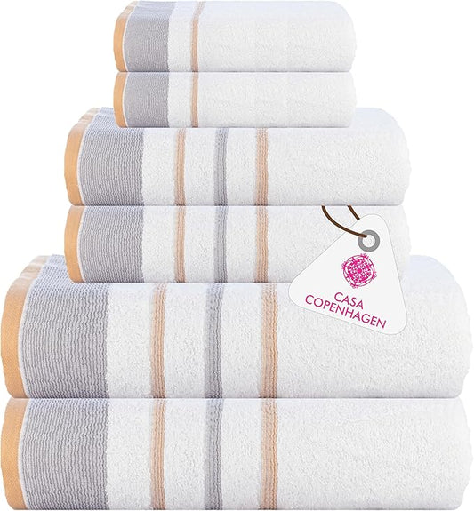 CASA COPENHAGEN White Bay, 6 Pieces Towel Set- White with Beige and Grey Border, 600 GSM, 2Bath, 2Hand, 2Washcloths Egyptian Cotton Towel for Hotel Spa Kitchen Bathroom Kitchen & Shower