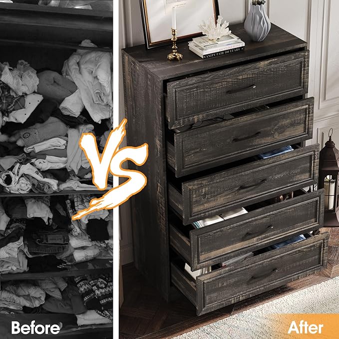 Fameill Dresser for Bedroom, 5 Drawer Tall Dresser Organizer, TV Stand for Livingroom, Chest of Drawers with Metal Handles, Dark Brown