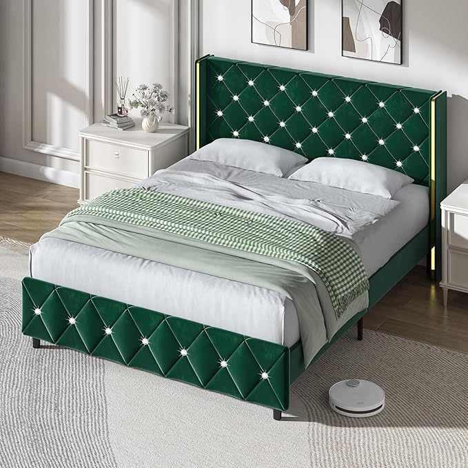 HOMBCK Queen Size Bed Frame, Velvet Upholstered Bed Frame with Wingback and Diamond Headboard, Wood Slat Support, No Box Spring Needed, Easy Assembly, Green