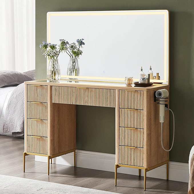 T4TREAM 48" Fluted Makeup Vanity Desk with 48" Large Mirror and HD Lights, Modern Vanity Table with 9 Drawers & Charging Station, Glass Top and Golden Handles Dressing Table for Bedroom,Natural Oak