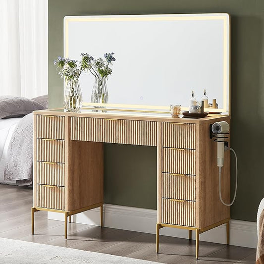 T4TREAM 48" Fluted Makeup Vanity Desk with 48" Large Mirror and HD Lights, Modern Vanity Table with 9 Drawers & Charging Station, Glass Top and Golden Handles Dressing Table for Bedroom,Natural Oak
