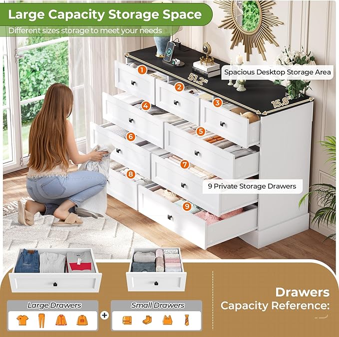Hasuit Dresser for Bedroom with 9 Drawers, 51.2" Large Dresser with Charging Station, Wide Farmhouse Dresser Chest of Drawers, Wooden Storage Tower Organizer, Dresser for Bedroom Closet, White/Black