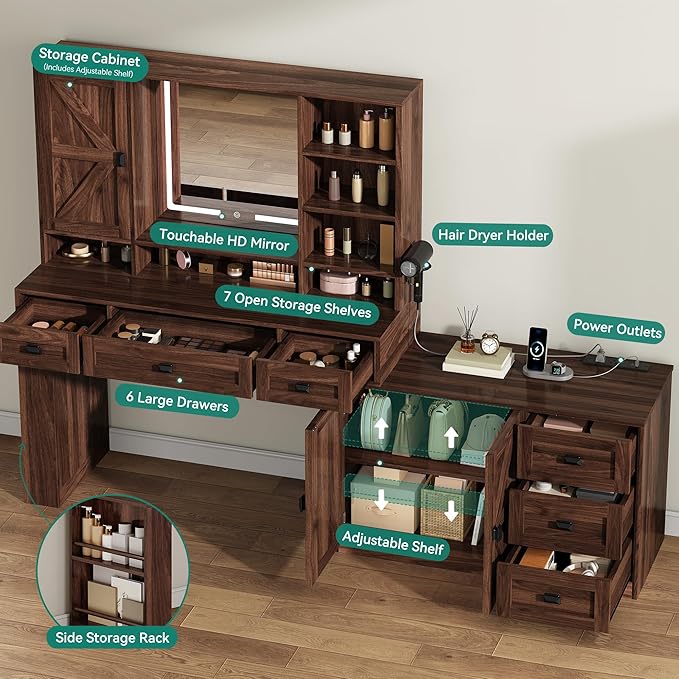 YITAHOME 48'' Farmhouse Makeup Vanity Desk with Mirror and Lights, 68'' 360° Rotation Big Modern Lighted Vanity Table with 6 Drawers & Lots Shelves, Rustic Large Dressing Table, Antique Brown