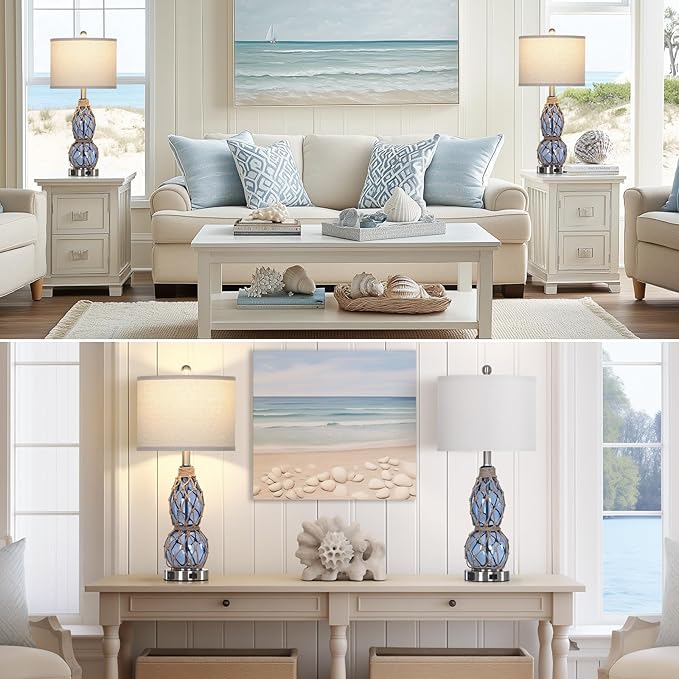 26" Coastal Glass Table Lamps Set of 2, 3-Way Dimmable Touch Lamps with USB Ports and AC Outlet, Nautical Bedside Lamps for Bedroom Living Room
