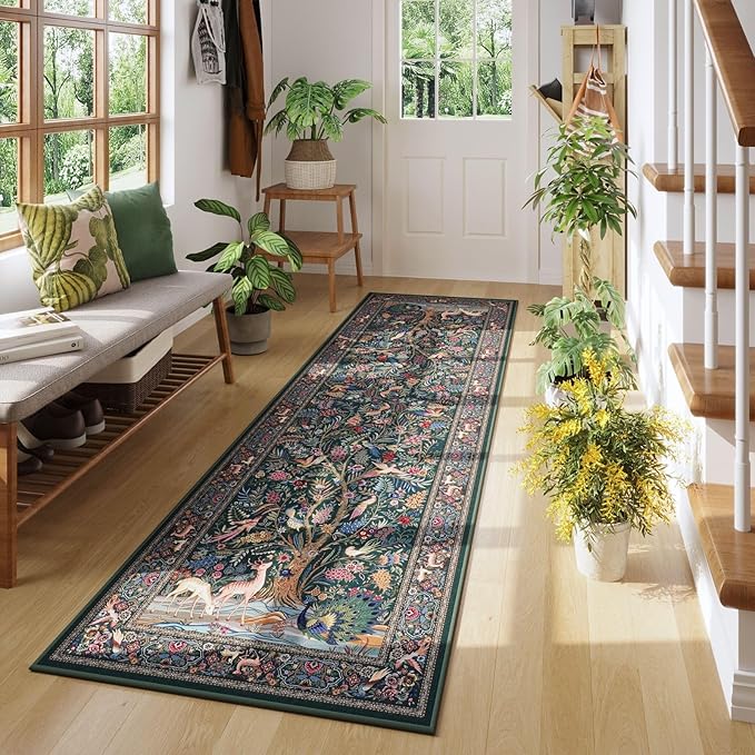 Runner Rug 2x6 Vibrant Tree of Life-Patterned Vintage Kitchen Rugs Non Slip Washable Soft Carpet Runner for Laundry Bedroom Bathroom, Green
