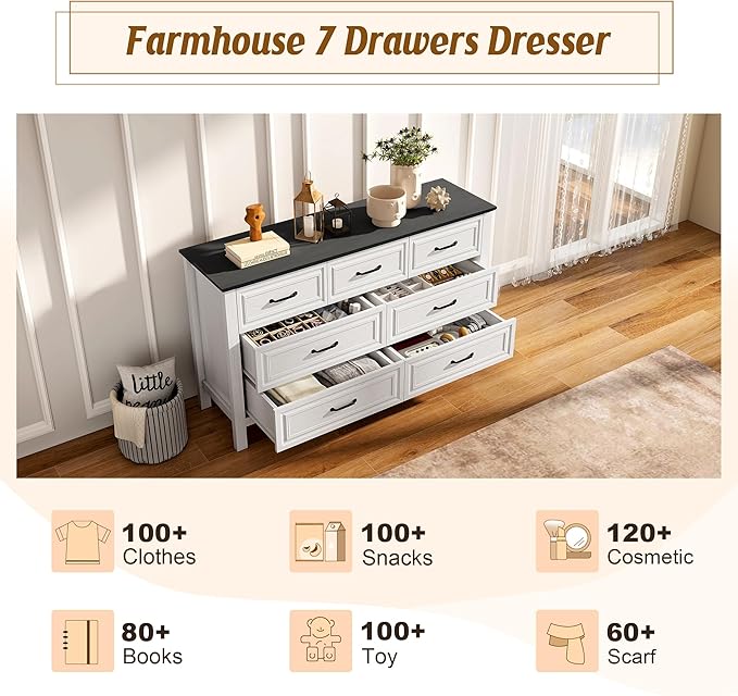 Farmhouse 7-Drawer Dresser for Bedroom, 52" Wide Wood Chest of Drawers with Large Metal Handles, White Dressers Storage Organizer for Bedroom, Living Room & Hallway