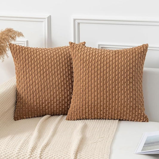 Kevin Textile Throw Pillow Covers Soft Corduroy Decorative Set of 2 Boho Striped Pillow Covers Pillowcases Farmhouse Home Decor for Couch Bed Sofa Living Room 20x20 Inch Khaki