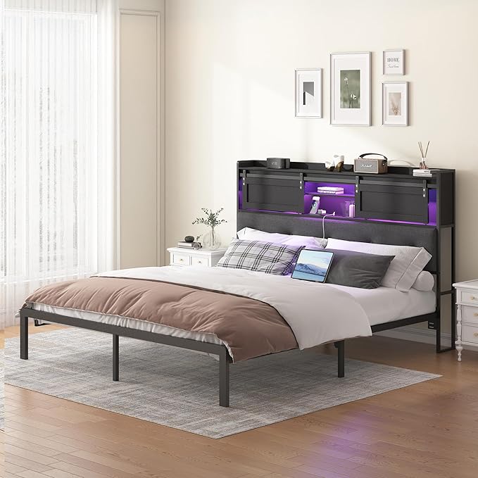Decoholic Queen Size Headboard Only with Storage, Upholstered Headboard with Charging Station and LED Light, Sturdy and Stable, Easy to Assemble (Black+Barn Door, Queen)
