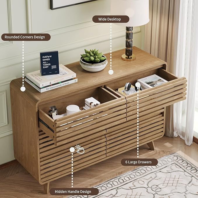 Fluted Dresser for Bedroom, Wide 6 Drawers Dresser, Chests of Drawers with Grille & Curved Design, Dressers Slides Pre-Installed, Large Wood Drawer Organizer for Bedroom Hallway, Natural Oak