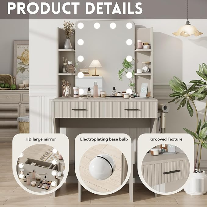Vanity Desk with LED Lighted Mirror, Makeup Vanity with 3 Adjustable Lights, 2 Large Drawers and 4 Open Shelves, Gray Vanity with Storage Stool for Bedroom