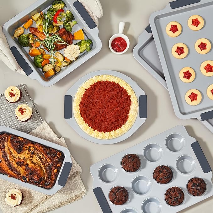 BRONYPRO Nonstick Ceramic Bakeware Set (9 Pieces),Heavy Duty Aluminized Steel Bakeware - Baking Set with Silicone Handles,Includes Sheet Pans,Loaf Pan,Muffin pan,Cake pans,PTFE & PFOA Free - Blue Gray