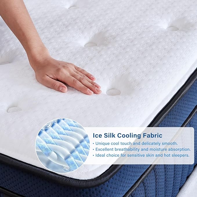 Suiforlun 14 Inch King Mattress with Ice Silk Cover, Euro Top Hybrid Gel Memory Foam with 7-Zone Individually Wrapped Coils, Medium Firm King Size Mattress for Pressure Relief