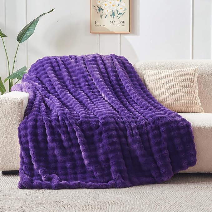 NEWCOSPLAY Faux Fur Throw Blanket Purple Bubble Blanket Thick Warm Soft for Couch Sofa Bed 550GSM (Purple, Throw(50"x60"))