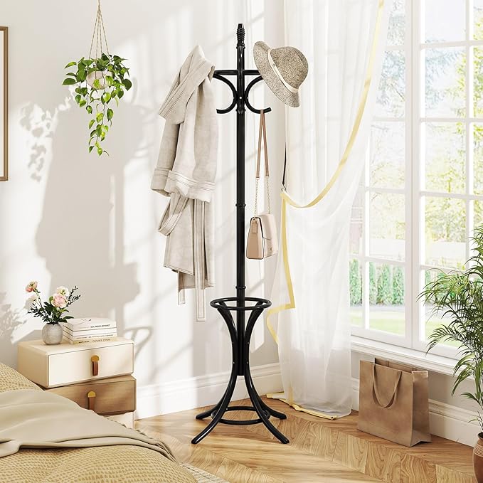 Tangkula Coat Rack with Umbrella Holder, 73 Inch Freestanding Coat Hanger Stand with 12 Hooks, Wooden Entryway Coat Tree for Clothes, Bags, Hats, Scarves, Living Room, Bedroom, Hallway (Black)