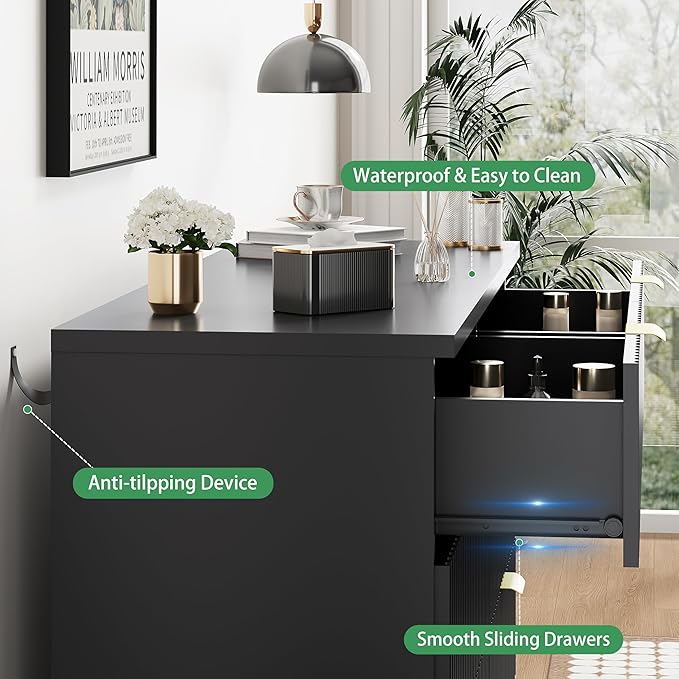 Fluted Dresser for Bedroom with 6 Drawers, 48" Wide Wooden Chest of Drawers with Metal Handle, Modern Dresser TV Stand, Wood Closet Clothes Storage Organizer for Living Room, Hallway, Black