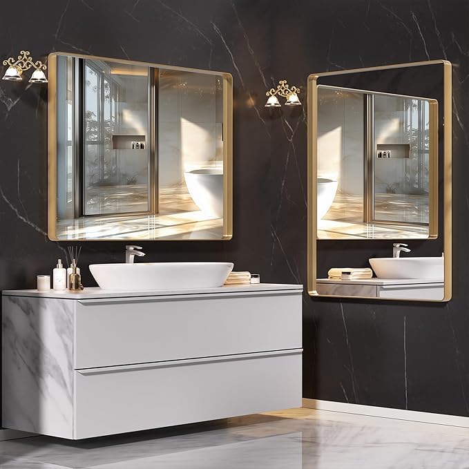 Hasipu 2 PCS Bathroom Mirror for Wall, 36 x 28 Inch Gold Metal Framed Bathroom Mirrors for Over Sink, Rectangle Bathroom Vanity Mirror, Anti-Rust, Tempered Glass, Horizontal or Vertical