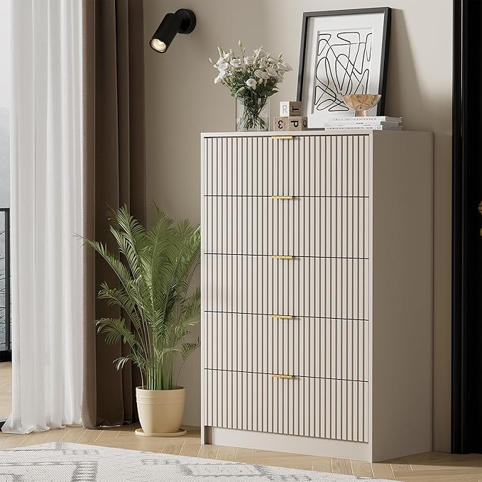 Beige Dresser for Bedroom, Modern Dresser with 5 Drawers and Smooth Slides, Wide Chest of Drawers with Golden Handles for Bedroom, Living Room, Closet, 15.7" D x 31.5" W x 47.2" H