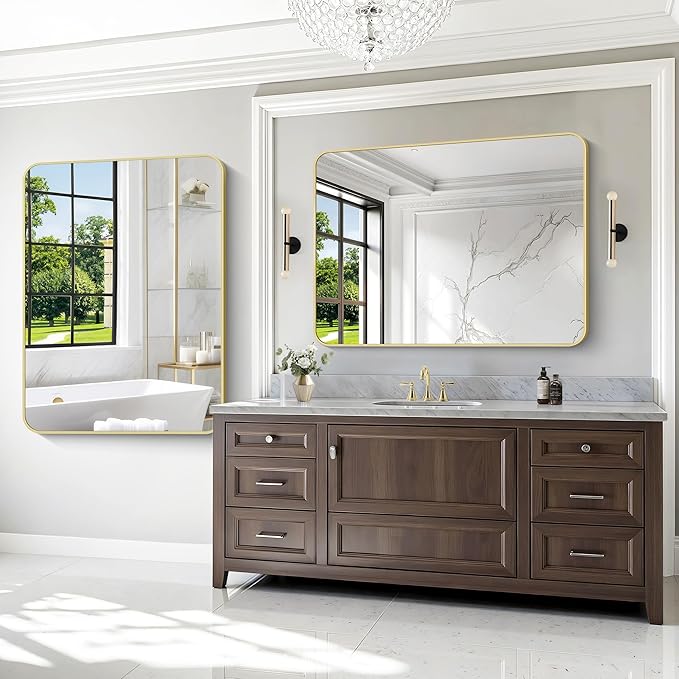 BONEWEI Gold Bathroom Mirror,36x48 inch Wall Mirror for Bathroom Wall Mounted,Round Rectangle Mirror for Bathroom Over Sink,Modern Frame for Home Decor Living Room,Bedroom Entryway,Horizontal/Vertical