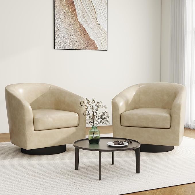 Swivel Barrel Accent Chair, Modern Round Faux Leather Arm Chair for Living Room, Bedroom, Comfy Club Reading Chairs for Adults(Faux Leather, Cream, Set of 2)