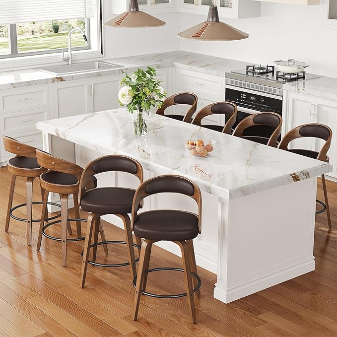 Swivel Bar Stools Set of 8, 26" Counter Height Bentwood Barstool, Mid-Century Modern PU Leather Upholstered Bar Chair with Back and Footrest, for Kitchen Island, Bar, Cafe, Dining Room, Brown