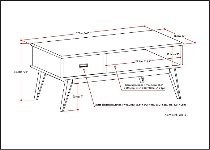SIMPLIHOME Draper SOLID HARDWOOD 48 inch Wide Rectangle Mid Century Modern Coffee Table in Medium Auburn Brown for the Living Room and Family Room