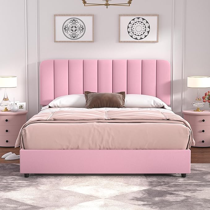 VECELO Queen Size Upholstered Bed Frame with 4 Drawers and Headboard, Velvet Platform Storage Bedframe, Wooden Slats Support, No Box Spring Needed,Pink