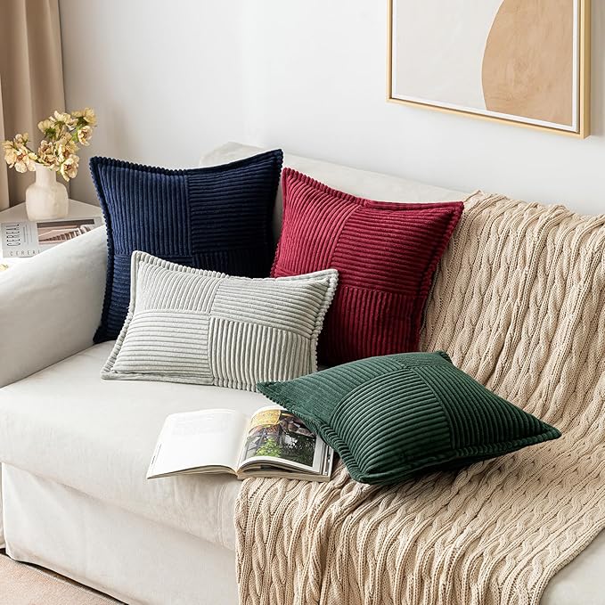 MIULEE Christmas Decorative Euro Sham Throw Pillow Covers for Couch Bed Livingroom 24x24 Inch Set of 2 Dark Green Boho Accent Throw Pllows Broadside Striped Patchwork Soft Corduroy Pillowcases