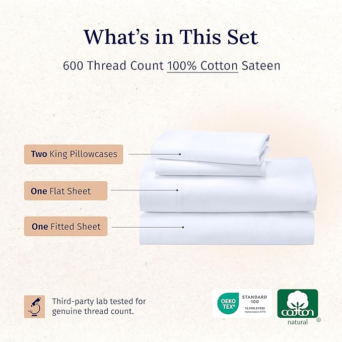 California Design Den Deep Pocket King Sheets Set - Luxury 600 Thread Count Sateen, 100% Cotton Sheets with All Around Elastic for a Snug Fit, Hotel Quality Bedding Set - White