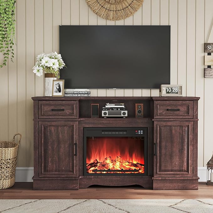 Maupvit Fireplace TV Stand for up to 65 inch TV, Entertainment Center with 23" Fireplace, Farmhouse TV Stands with Electric Fireplace, 2 Storage Cabinets, 2 Drawers for Living Room,Brown