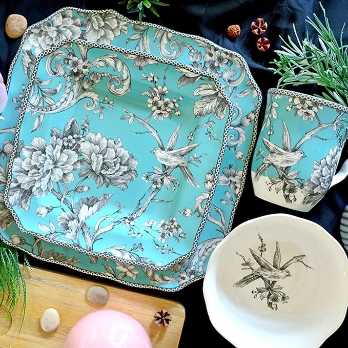 222 Fifth Adelaide 16-Piece Square Floral Dinnerware Set – Service for 4, Turquoise Porcelain Plate, Bowl & Mug Set, Chip Resistant, for Everyday Dining & Entertainment, Microwave & Dishwasher Safe