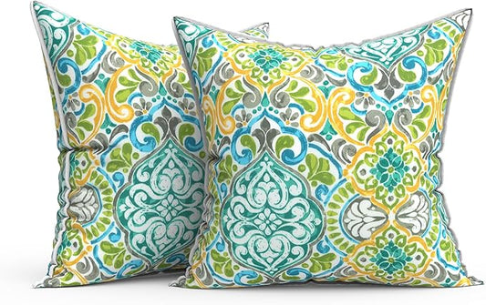 Outdoor Throw Pillow Covers Pack of 2, Decorative Water Repellent Square Pillow Cases 18x18 Inch, Patio Pillowcases for Home Patio Furniture Use, Damask Green