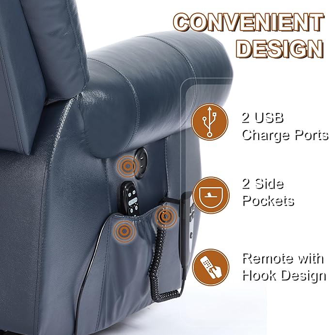 Power Lift Recliner Chair for Elderly, Dual Motor Massage Recliner with Lumbar Heat, Heavy Duty Motion Mechanism Lift Chair with Charge Ports, Genuine Leather - Blue