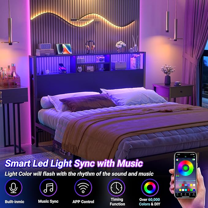 Aheaplus Headboard for Queen Size Bed with Storage, Headboards with Outlets, USB Ports and LED Light, Queen Size Head Board Only, Height Adjustable, Reversible, Sturdy and Stable Headboard, Black