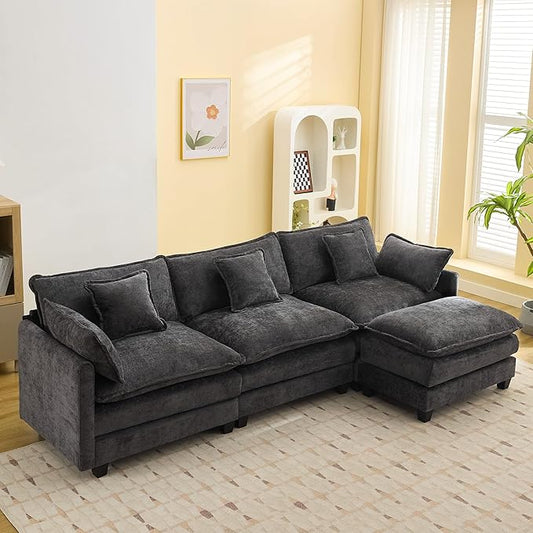 111'' Sectional Cloud Deep Seat Couch, Modern Comfy Chenille L Shaped Sectional Sofa for Living Room Set, Upholstered Modular 4-Seats Sofa Couch with Movable Ottoman, Dark Grey