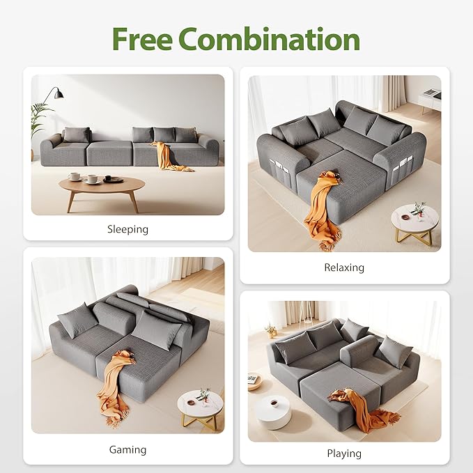 105.5" Boneless Sofa for Living Room, Cloud Sectional Couch Ottoman & 4 Pillows, 4-Seater Comfy Compressed Sofa L Shaped Sectional Couch, No Assembly Required, 72h to Restore