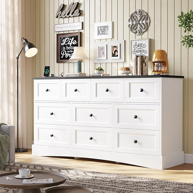 Hasuit Dresser for Bedroom with 10 Drawers, 55.2" Long Dressers with Charging Station, Farmhouse Chest of Drawers, Large Wooden Storage Tower Organizer, Dresser for Bedroom Closet, White and Black