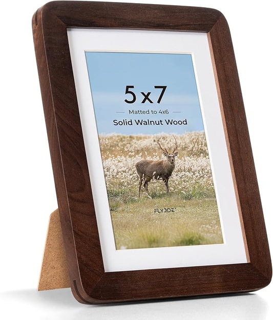 5x7 Picture Frame - Solid Walnut Wood 5 x 7 Photo Frame, 5''x7'' Frame With Mat For 4x6, Tabletop and Wall Display, Hanging Hardware Included, 5 By 7 Picture Frame Wood, Natural Walnut