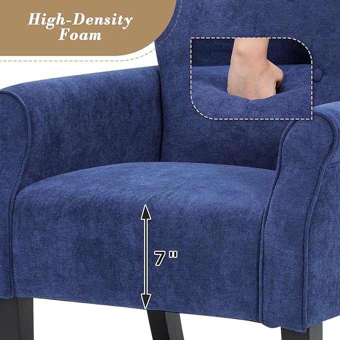 Athena Collection Mid Century Accent Chair with Rubberwood Legs, Upholstered Modern Armchair with High Back, Tufted Backrest and Angled Back Legs for Living Room, Bedroom, Vanity, Navy Blue