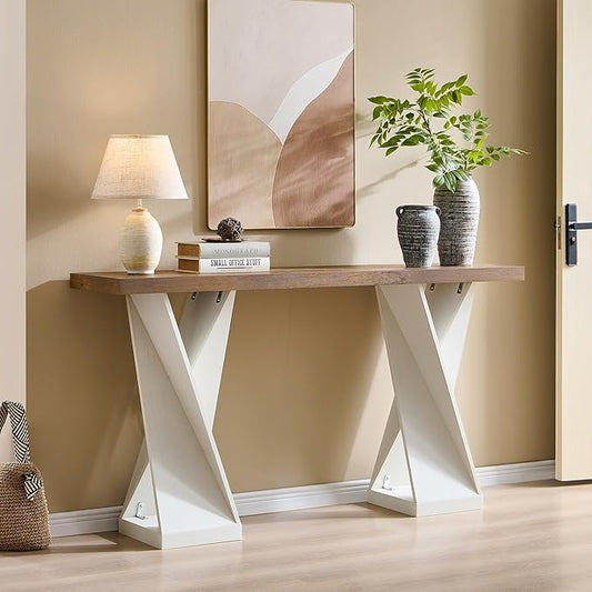 OKD Modern Entryway Table, 63" Twisted Console Table with Wood Pedestal, Farmhouse Sofa Table with Storage, Rustic Entry Table Tor Living Room, Entryway, Hallway, Antique White