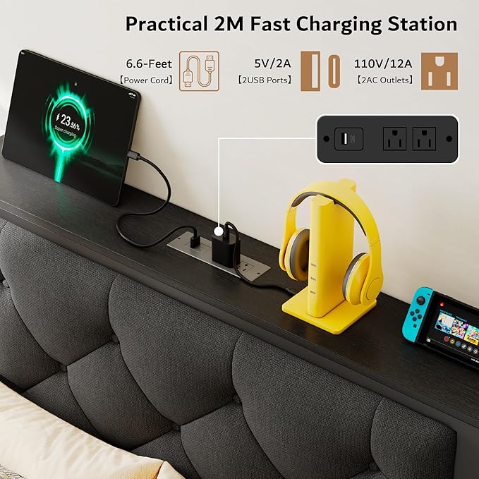 iPormis Twin Bed Frame with Storage Drawers, Linen Upholstered Headboard Platform Bed with Charging Station, No Box Spring Needed, Metal Slats Support, Noise-Free, Easy Assembly, Black