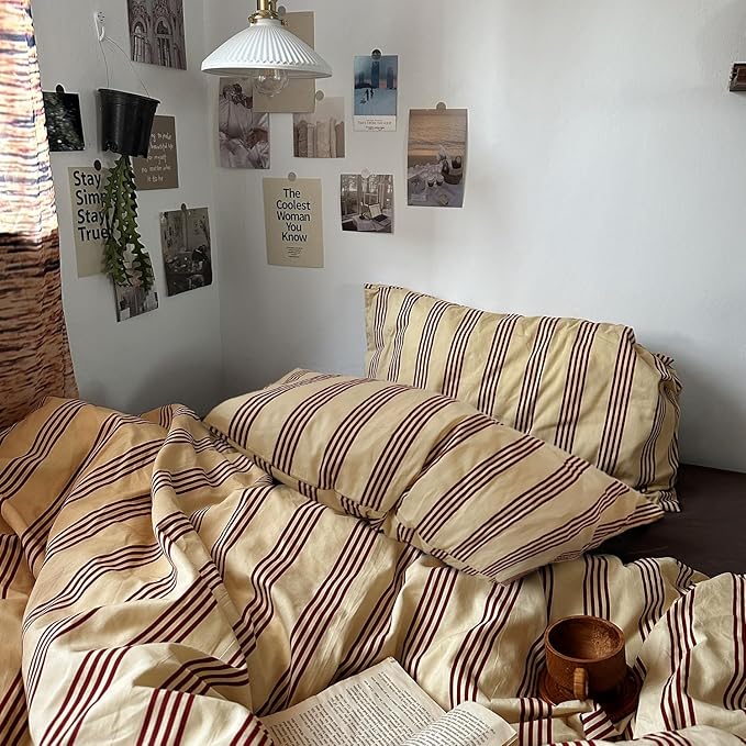 mixinni Vintage Striped Comforter Set Queen Size - Soft Cotton 3-Piece Boho Bedding Set (1 Comforter+ 2 Pillowcases), Rustic Red-Brown Geometric Stripes, Ultra-Soft & Breathable for All Seasons