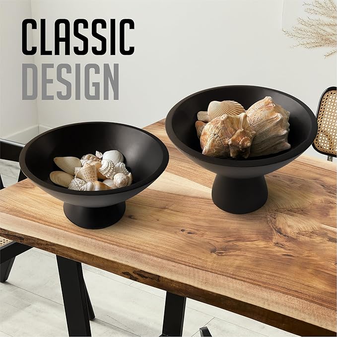 Black Pedestal Bowl - 10 Inch, Wide Black Footed Bowl as Fruit, Key, Decorative, Candy Holder or Centerpiece, Wooden Bowl Decorative for Kitchen, Dining Table & Modern Home Accessories