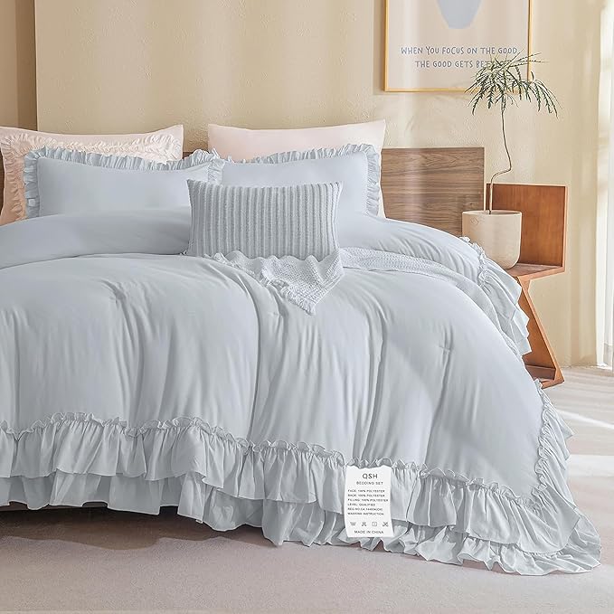 Queen's House Light Blue Ruffled Comforter Set Queen Size, Lightweight Microfiber Inner Fill Fluffy Country Rustic Coquette Bedding