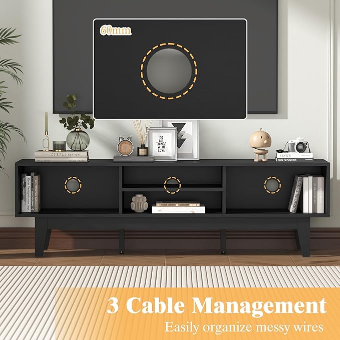 Wooden TV Stand for 55 65 70 inch TV, Long & Large TV Media Console Table with Storage Cabinets, Boho Farmhouse Entertainment Center for Living Room, Bedroom - Black