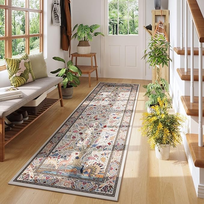 Runner Rug 2x6 Vibrant Tree of Life-Patterned Vintage Kitchen Rugs Non Slip Washable Soft Carpet Runner for Laundry Bedroom Bathroom, Beige