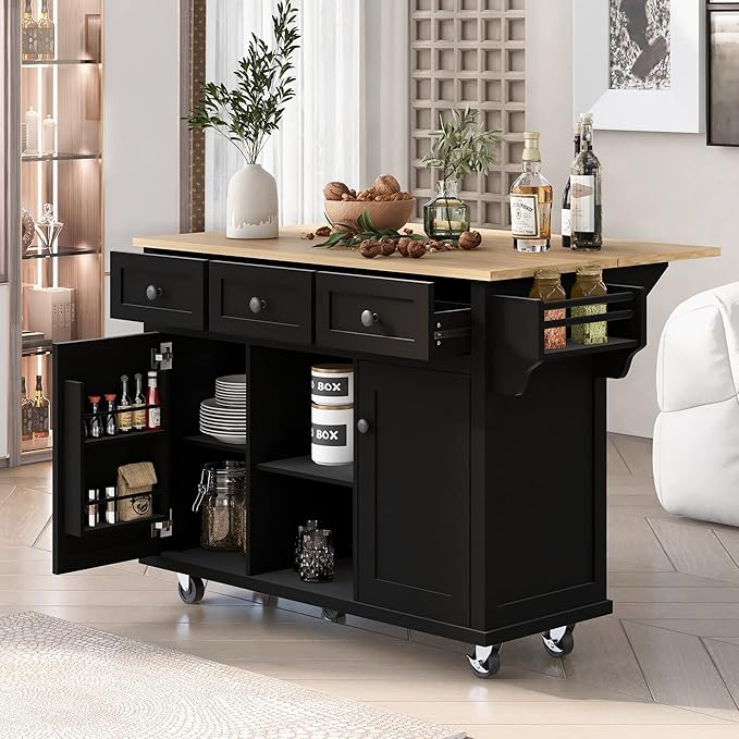 Kitchen Island Cart with Drop-Leaf Cabinet Door Internal Storage Rack 5 Wheels 3 Drawers for Kitchen, Dining Room, Bathroom 53.1" W*29.5" D*37.2" H Black