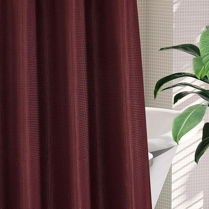 MitoVilla No Hooks Needed Extra Long Shower Curtain Set with Snap-in Liner, Burgundy 86 inch XL Heavyweight Waffle Fabric Cloth Shower Curtains for Modern Luxury Hotel & Spa Bathroom Decor, Burgundy