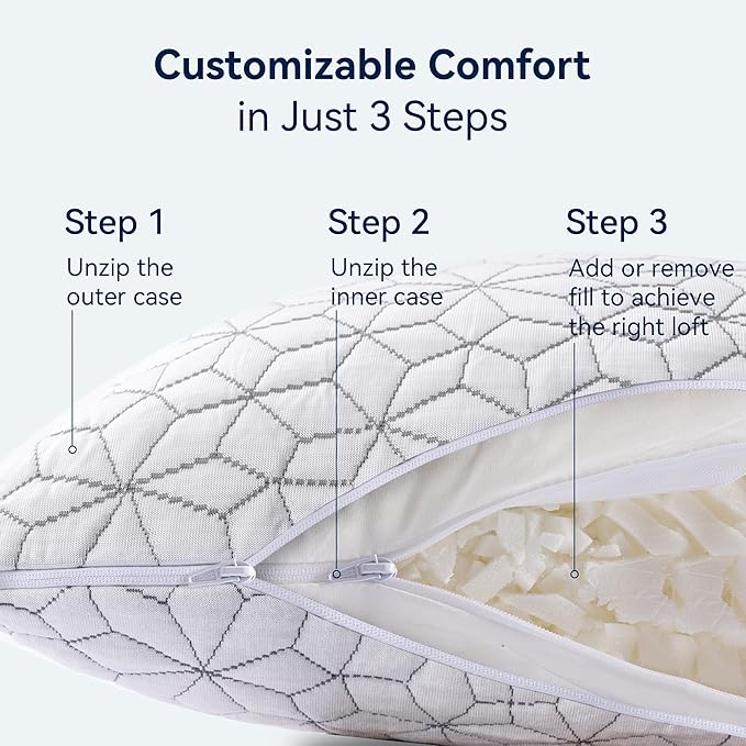 Cooling Shredded Memory Foam Pillows for Sleeping 2 Pack, Adjustable Bed Pillow for Side Back Stomach Sleepers Luxury Gel Pillows Queen Size Set of 2 with Washable Removable Cover